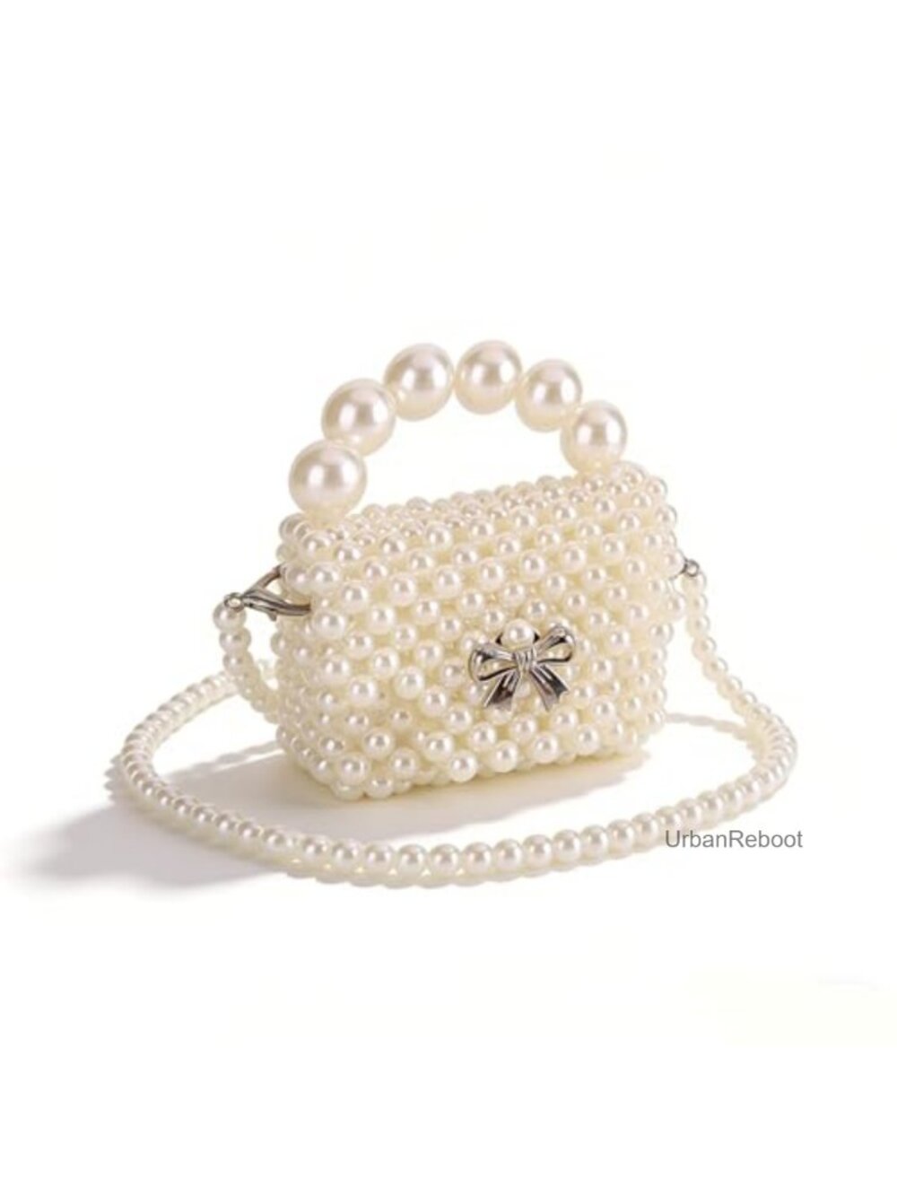 Faux Pearl Beaded Mini Crossbody Bag Bow Detail Detachable Strap Handheld